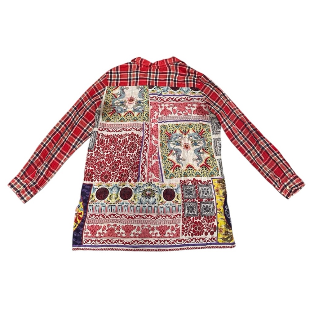 Johnny Was 3J Workshop Red Plaid Shirt with Asian Dragon Prints Size Med…